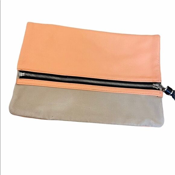 H&M Coral&Tan Zip Fold Over Faux Leather Clutch - Picture 2 of 7